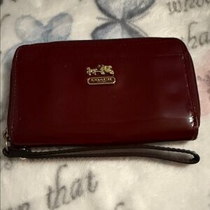 COACH Zip Around Small Wallet Wristlet dark red Oxblood patent leather preowned